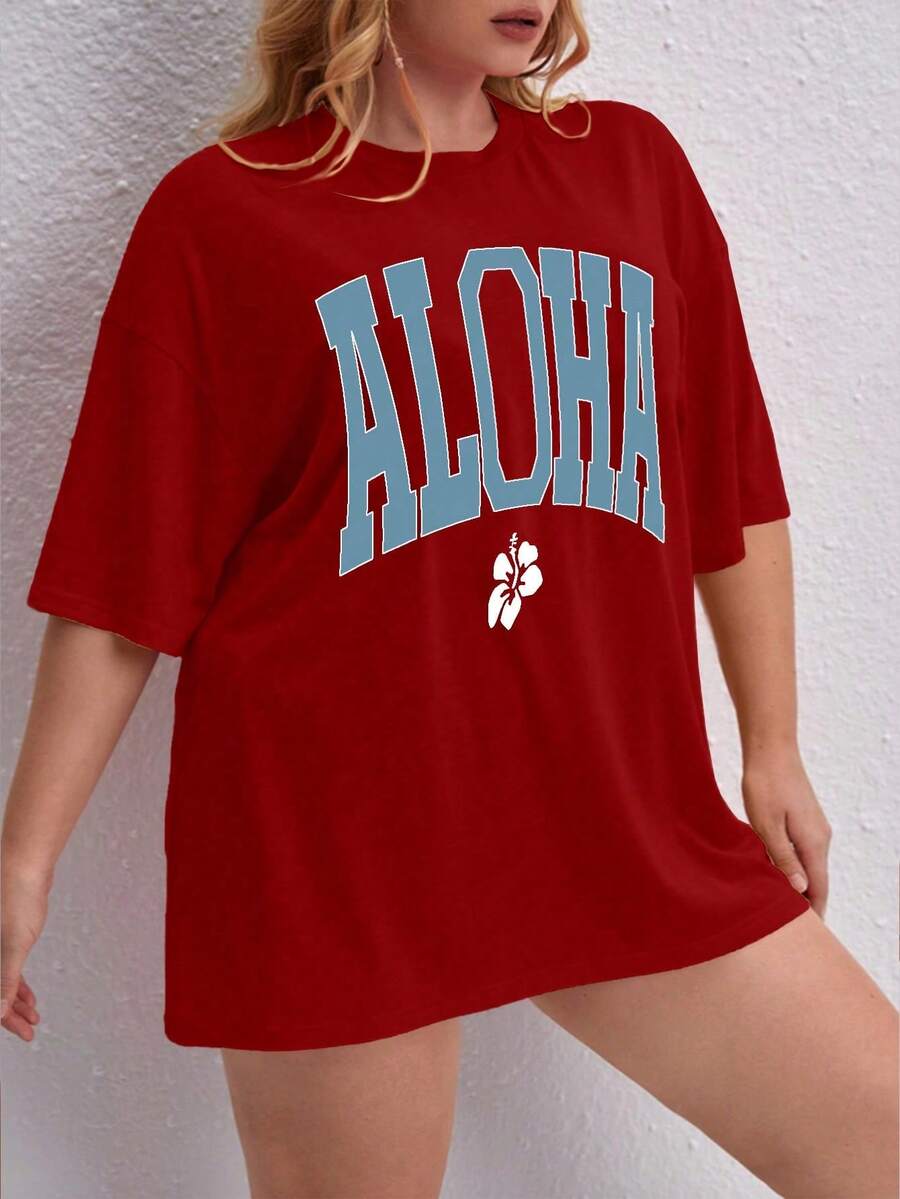 Oversized Printed Aloha Flower T-Shirt, Summer/Spring Short Sleeve Blouse, Lightweight Gym Wear - Red - View 1