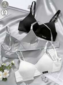 3PCS Teen Girl Solid Color Triangle Cup Bra, Comfortable Ribbed Wire-Free,Suitable For Girls Aged 13-16