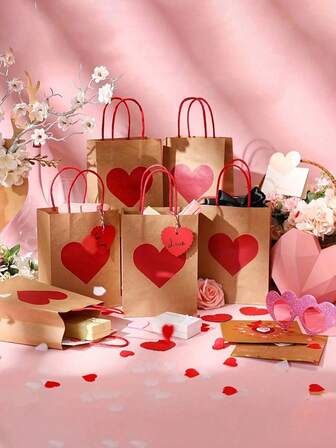 15/30pcs Heart-Shaped Kraft Paper Gift Bags With Red Handles - 10pcs, Suitable For Valentine's Day, Weddings, School Events, Thanksgiving, Birthdays And Various Celebrations, Can Be Used As Gift Bags, Holiday Designs, Sturdy Handles
