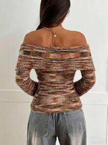 Women's Elegant Off-Shoulder Ruffled Slim-Fit Long-Sleeved Knit T-Shirt For Autumn And Winter, Y2K Style, Women's Long-Sleeved Top, Women's Winter Clothing, Outerwear. - Gradient Colors - View 2