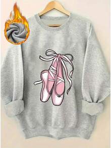 2026 Valentine Outfits For Women Pink Ballet Shoes Pattern Fleece-Lined Thickened Pullover Sweatshirt - Comfortable Casual Round Neck Long Sleeve, Suitable For All Seasons, Machine Washable, Ballet Decoration, Daily Comfort, Durable Soft Fabric, Fashionable Homewear, Thickened Printed Hoodie Loose And Comfortable Valentine's Day - 黑色 - 查看 9