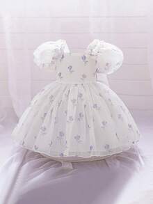 Baby Girls Puff Sleeve Colorblock Bow Print Satin Cute Birthday Dress Suitable For Vacation, No Headband No Bag - Mauve Purple - View 7