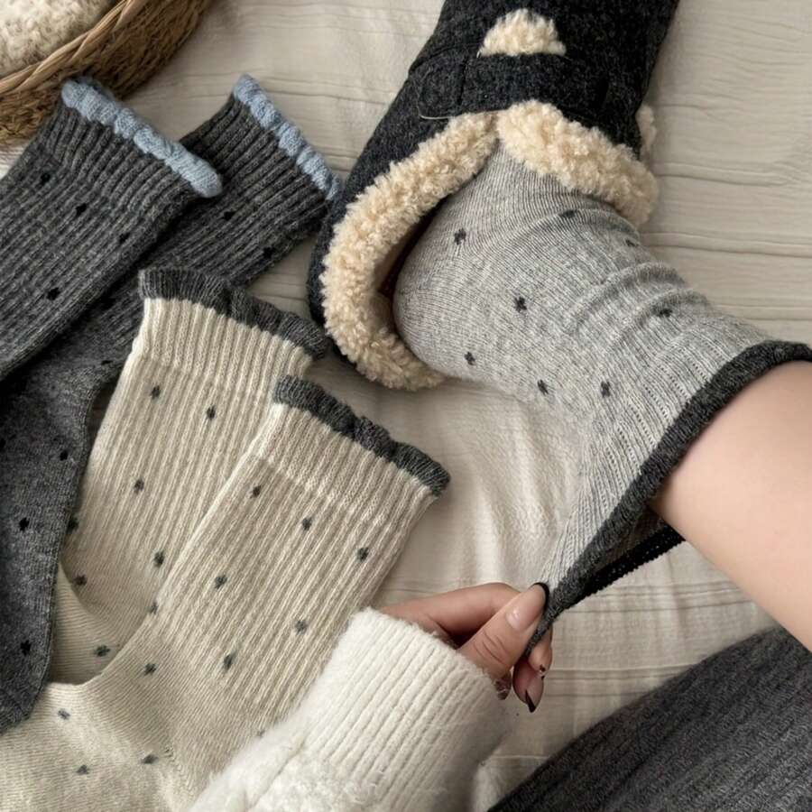 4 Pairs Women's Fashion Versatile Ruffled Polka Dot Socks Autumn Winter Warm Mid-Calf Slouchy Socks - Nhiều màu - Xem 1