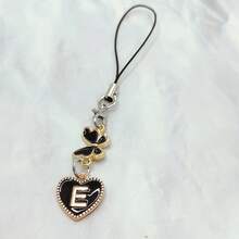 1pc Metal Heart & English Letter A-Z Pendant Phone Lanyard, Black Vintage Style A-Z Letter & Elegant Butterfly Phone Charm