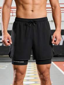 Solid Color Sports Shorts For Spring/Summer, Non-SlipDouble Layer Unisex Running/Outdoor Fitness Shorts,Lightweight Loose Casual Pants Black - Black - View 11