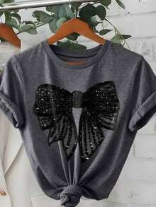 Versatile Casual Short-Sleeve T-Shirt With Round Neck And Delicate Bow Print - Basic Blouse - Grey - View 4