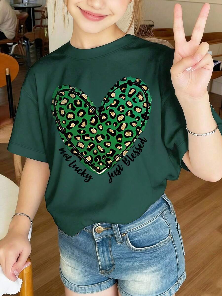 1 Piece Dark Green Leopard Heart Teen T-Shirt For Girls, Slogan Top, Spring & Summer School Daily Wear - Dark Green - View 1