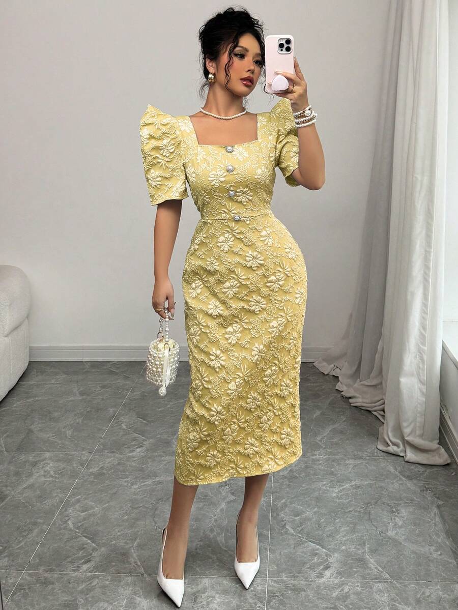 Spring/Summer Puff Sleeve Pearl Decor Button Long Jacquard Texture Dress, Elegant Lady Style, Yellow, Suitable For Daily, Date, Wedding - Yellow - View 1