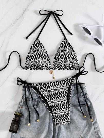 wohenmeili Women's Summer Beach Geometric Print Halter Tie Sexy Bikini Swimsuit Set