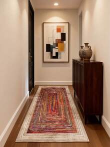 1pc Geometric Layered Pattern Carpet, Concentric Rectangular Layers, Vibrant Colors & High Saturation, Combining And Modern Geometric Design, Strong Visual Impact, Runner Rug, Carpet, Runner, Area Rug, Mat, Home Decor, Area Carpet, Living Room Area Rug, Living Room Home Decor, Room Decor, Plush Carpet, Fuzzy Carpet, Autumn/Winter Carpet - Multicolor - View 3