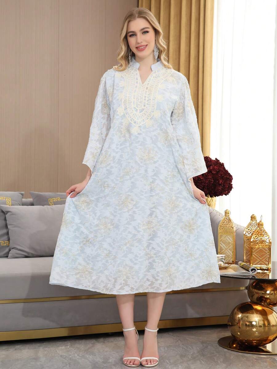 2026 New Style Ramadan Traditional Elegant Embroidered Arabic Women's Dress, JALABIA V-Neck Split Sleeve Dress, Luxurious Ramadan Vibe