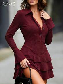 DONICY 优雅女士连衣裙，女士春夏新款麂皮领单排扣荷叶边喇叭袖衬衫裙，时尚复古通勤优雅酒红色A字迷你连衣裙，适合约会和购物 - 酒紅色 - 查看 7