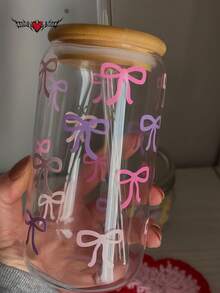 1 Set/With Lid & Straw Purple Bow Iced Coffee Glass Straw Cup, Cold Drink Juice Straw Cup, Hot Drink Straw Cup, Outdoor Travel Large Capacity Water Bottle, Exquisite Cute Milk Tea Cup, High Quality Juice Cup, High Temperature Baked Printed Design Won't Peel Off, Machine Washable - Best Gift Choice - Multicolor - View 7