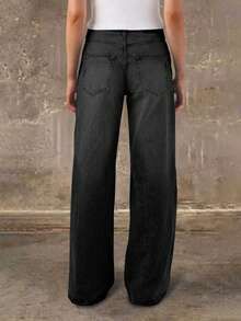 新款时尚女式直筒牛仔裤，舒适弹力，高品质，春季休闲百搭黑色 - 黑色 - 查看 4