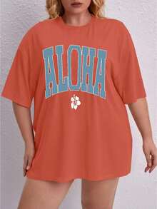 Oversized Printed Aloha Flower T-Shirt, Summer/Spring Short Sleeve Blouse, Lightweight Gym Wear - Coral Pink - View 6