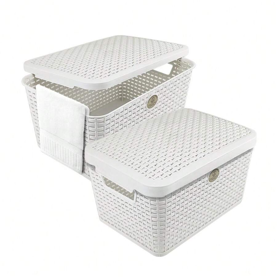 Pack 2 Canastas Con Tapa Estilo Rattan Multiusos - Blanco - Ver 1