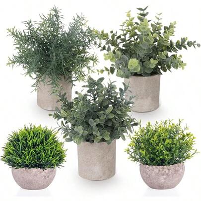 Ilauke Set Of 5 Mini Potted Artificial Plants Fake Small Eucalyptus Rosemary Greenery Plastic Faux Green Grass Potted Plants Decorative Fake Plant For House Office Balcony Desk Bathroom Decoration