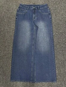 Grunge Goth Y2K 风格男士休闲刺绣宽松阔腿牛仔裤，四季皆宜，时尚街头风，适合工作、通勤、舞台表演、休闲聚会、户外活动等场合穿着。 - 深色水洗藍 - 查看 4