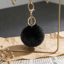 1 pièce Pompon de fourrure de lapin faux de 8 cm, porte-clés boule de fourrure de couleur unie pour vêtements, sacs, accessoires - Blanc - Voir 4
