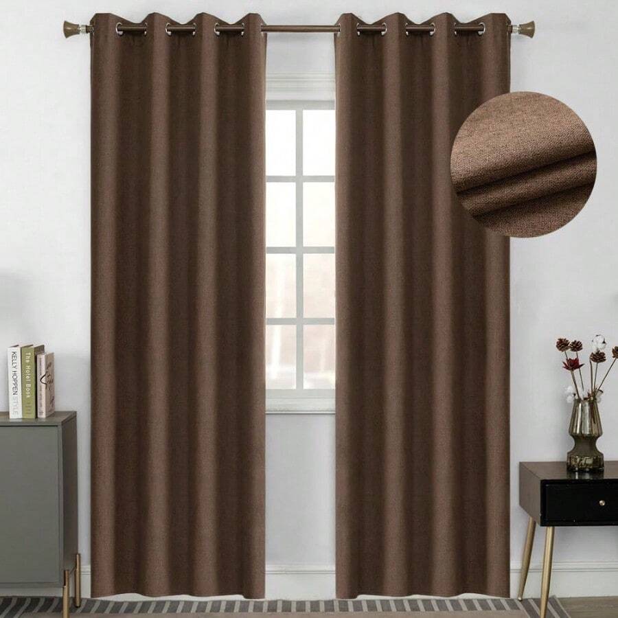 NANWEI Lino Cortinas Blackout con Aislamiento Térmico 100% Blackout y Ojal Superior Cortina para Recámara y Ventana de Sala Capa Trasera de Revestimiento Gris 2 Paneles 132 x 213.3 cm Marrón - Marrn - Ver 1