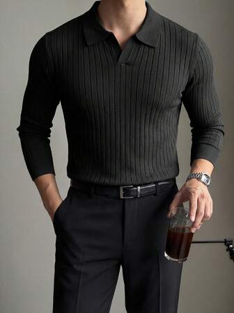 Herren einfarbiger gerippter vertikaler Rippenstrick Pullover, minimalistisches vielseitiges Langarmoberteil