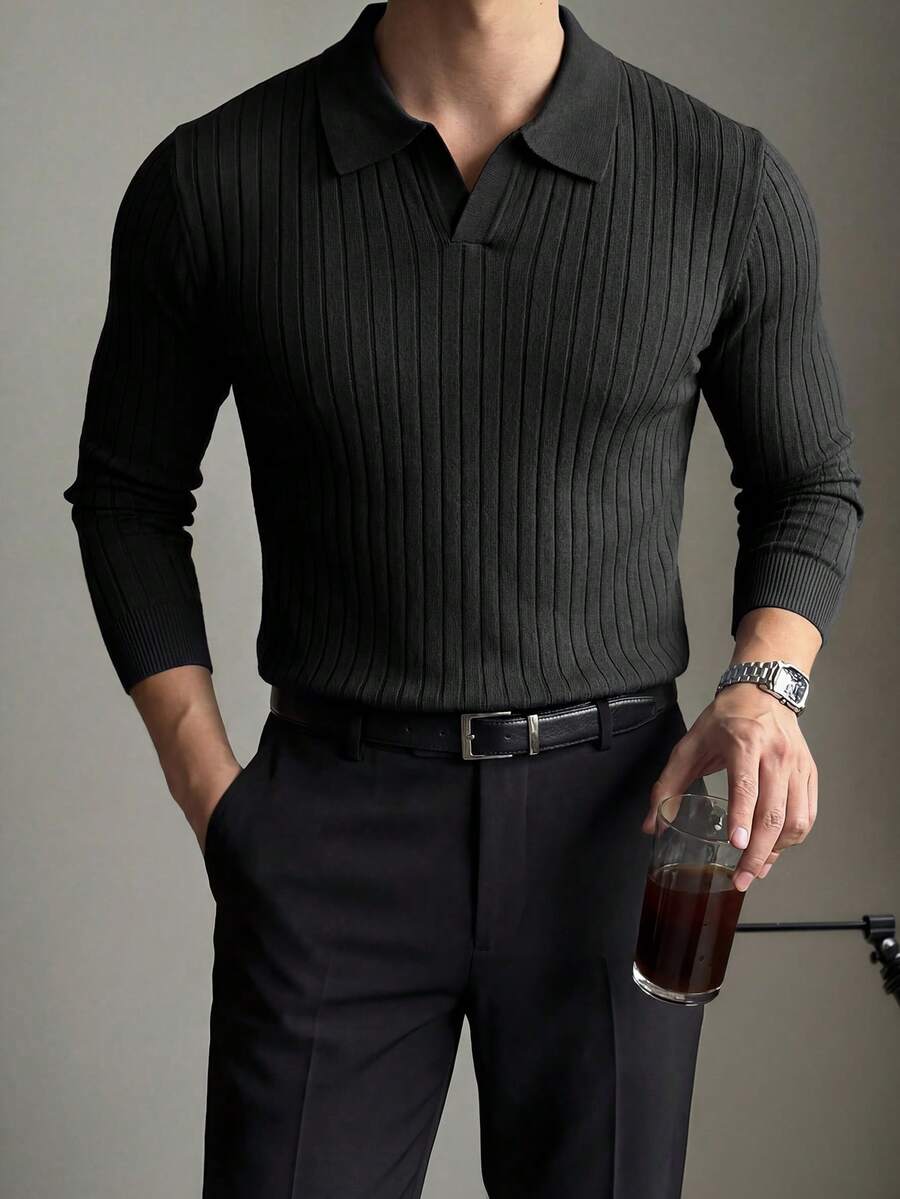 Men's Solid Color Ribbed Vertical Ribbed Knit Sweater, Minimalist Versatile Long Sleeve Top - Black - View 1