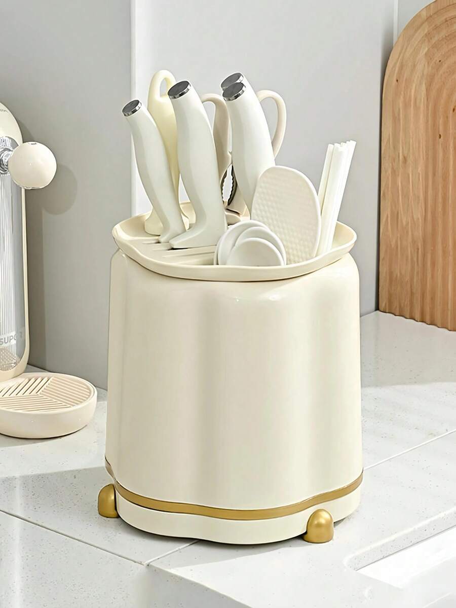 1pc New Luxury Cream-Colored Rotating Knife Holder, Multi-Function Knife Rack & Utensil Organizer, Home Kitchen Storage Rack - Creamy White - View 1