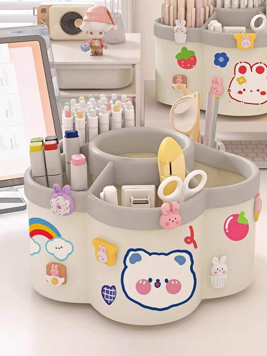 1个可爱旋转笔筒，超大容量多功能桌面文具收纳盒，旋转办公桌整理器 - 多隔层文具收纳盒，耐用PP材质，儿童房必备收纳用品 - 彩色 - 查看 1