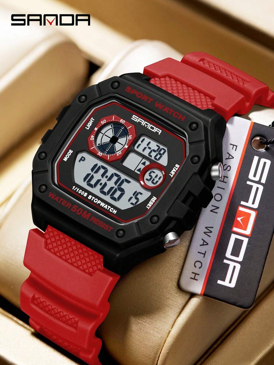 SANDA 2202 Fashion Men's Electronic Watch Sports Multifunctional Waterproof LED Luminous Single Display Small Square Electronic Watch - Red - View 1