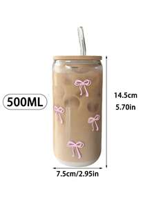 一套（杯子+盖子+吸管）粉色蝴蝶结玻璃杯，户外旅行便携大容量水瓶，精致可爱的奶茶杯，高品质果汁/咖啡杯，适合夏季/秋季/冬季，圣诞节/圣诞装饰/万圣节装饰/圣诞礼物/圣诞家居/厨房装饰配件