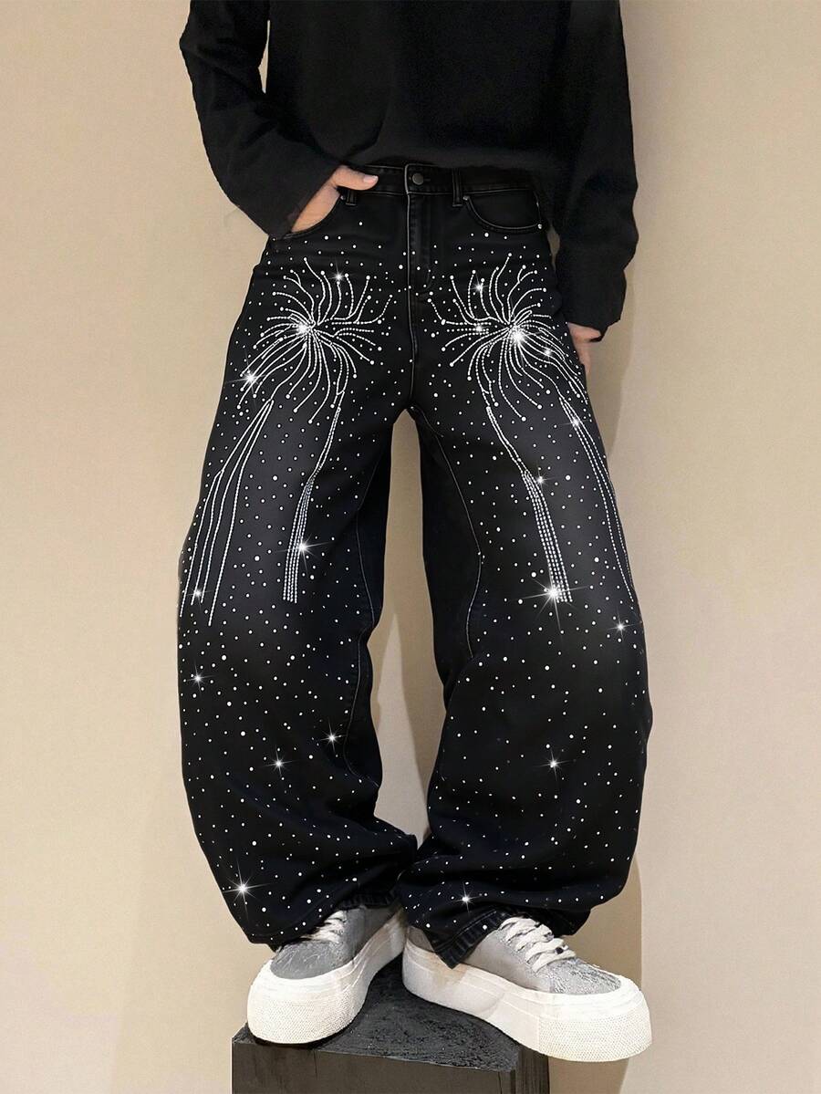 男士水钻装饰阔腿牛仔裤，街头时尚 - 黑色 - 查看 1