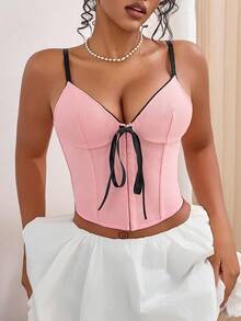 Yuwenier Y2K Ösen-V-Ausschnitt Kontrastband-Schleife Vorderseite Überbrustgeschnürtes Korsett/Mieder formendes Top