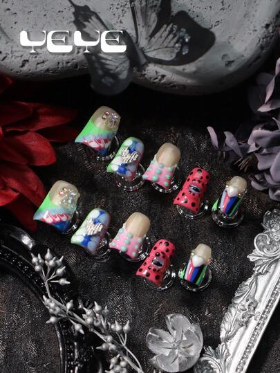 用10片装的鸭子美甲片表达你的爱意！Y2K风格，法式美甲，绽放蓝白、绿色、渐变粉、水彩，3D立体装饰眼睛，珍珠爱心，圆点，泡泡，水钻装饰，趣味全覆盖亚克力美甲片套装，可爱夏日美甲，适合女孩和女士，套装包含1个迷你指甲锉和1张粘合贴片，是节日、日常、工作、派对、聚会等各种场合的理想美甲用品。