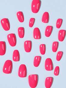 24片椭圆形亮粉色美甲贴纸套装，亚克力材质，短款完美贴合，包含：1片果冻胶和1个指甲锉，适合女性和女孩日常工作、学习和派对使用。美甲用品 - 玫紅色 - 查看 2