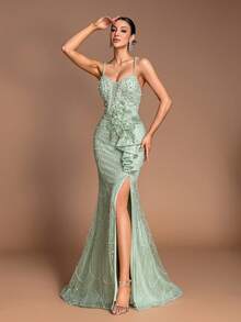 Mint Green Sequin Mermaid Evening Gown: 3D Floral Ruffle Hem Luxury Prom Dress 2026, Sexy High Slit Sparkling Formal Evening Gown Suitable For 15 Years Old Celebration, 16th Birthday, Spring Garden Wedding Guest, And Celebrity Style Gala Party - Mint Green - View 7