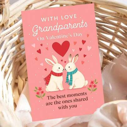 بطاقة تهنئة عيد الحب مع مغلف - تصميم "بحب أجداد في عيد الحب"، مشهد أرنب وقلب، مثالية كهدية للأجداد، مناسبة لمناسبات العطلات الدافئة، بطاقة عيد الحب | بطاقة بموضوع أرنب رومانسي | بطاقة تهنئة ورقية