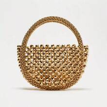 New Luxury High-Quality Exquisite Handmade Beaded Mini Woven Colorful Beads Bag, Multi-Color Beaded French Shiny Evening Party Handbag - Gold - View 1