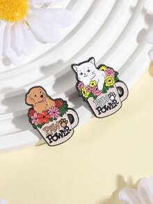 QIHOO 2pcs Animal Flowerpot Enamel Needle Cute Cat And Dog Brooch Lapel Badge Jewelry Gift For Friends