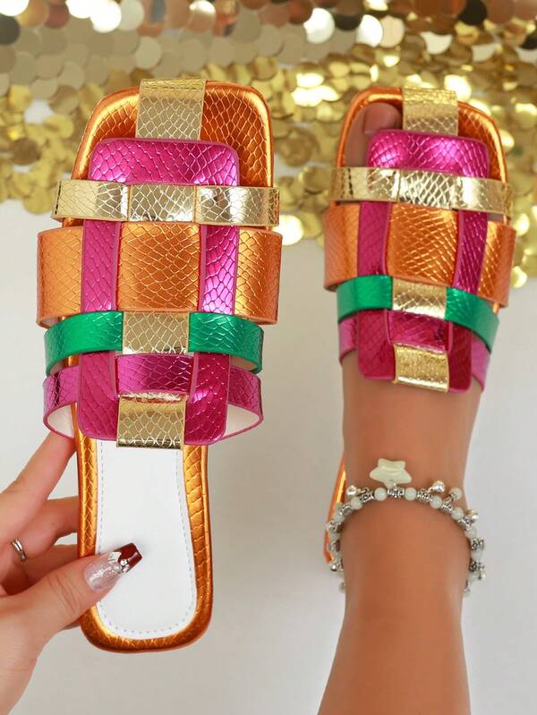 Plus Size 37-43 European & American Fashion Woven Slide Sandals, Colorful Versatile Slippers, New Arrival 2025