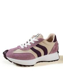 Women's Low-Top Platform Sneakers, Lace-Up Round Toe, Casual Style, Shock-Absorbing Rubber Sole, All-Season, Faux Leather & Fabric Upper, Suitable For Jeans, Dresses And Office Wear - Purple - View 7
