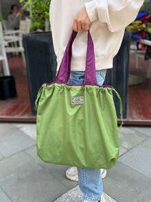 Bolsa de compras grande con cordón de cierre, lavable, plegable y de gran capacidad para el supermercado (todas las letras impresas son aleatorias) - Verde - Ver 2
