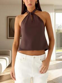 Women's Halter Neck Tank Tops Y2K Front Keyhole Sleeveless Crop Tops Cute Back Tie-Up Cropped Vest Open Back Chiffon Camisole Summer Casual Blouse Going Out Tops Strretwear Shirt For Party Beach - 深棕色 - 查看 2