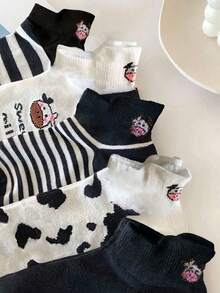 5 Pairs/10 Pairs (Random Style) Spring/Summer Black & White Cartoon Cow Ear Cut Ankle Socks, Cute Japanese Style Short Women Socks - Multicolor - View 2