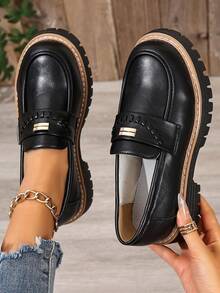 2026 Spring New Thick Heel Loafers For Women, Casual Leather Shoes Suitable With Dresses, Versatile - Black - View 2