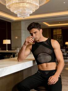 Sexy Fishnet Shirt Men's Lingerie Set, Hollow Out Sheer Nightclub Performance Outfit