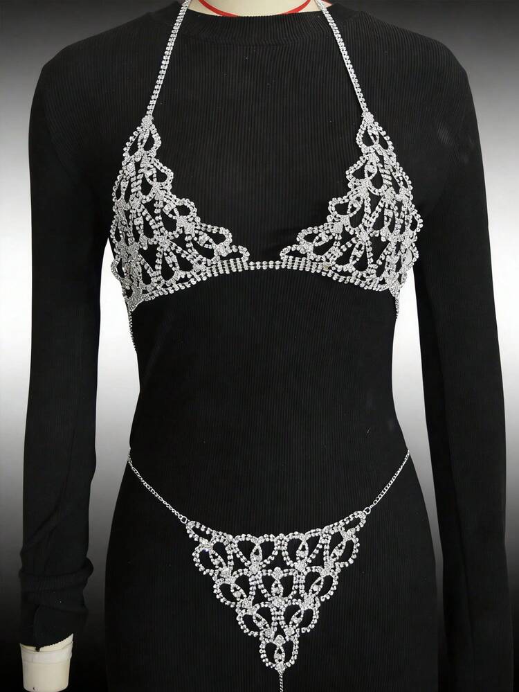 性感胸罩链、银色比基尼内衣、闪亮身体链、水晶内裤 - 銀色 - 查看 7