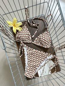 Women's Knitted Bikini Set, Orange Brown White Yellow Plaid Print, Halter Neck Tie, Side Tie Back - Multicolor - View 2