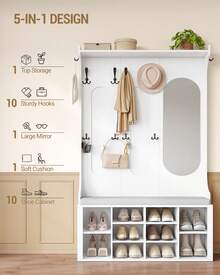HEXCELEN Coat Rack With Shoe Bench, Wardrobe With Mirror, Shoe Storage, 10 Hooks, Adjustable Shelves, Freestanding, For Entrance Area, Hallway, 35.5 X 100 X 185 Cm, White - White - View 2