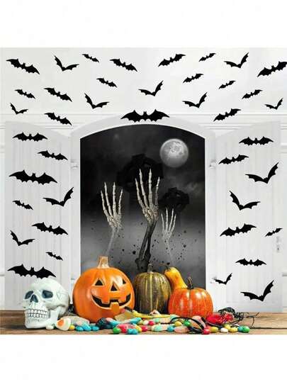 72/120pcs 3D Realistic Bats Halloween Decor Party Supplies Scene Setting Wall Stickers Waterproof Fake Plastic Black For DIY Home Window Room Decoration In Four Sizes