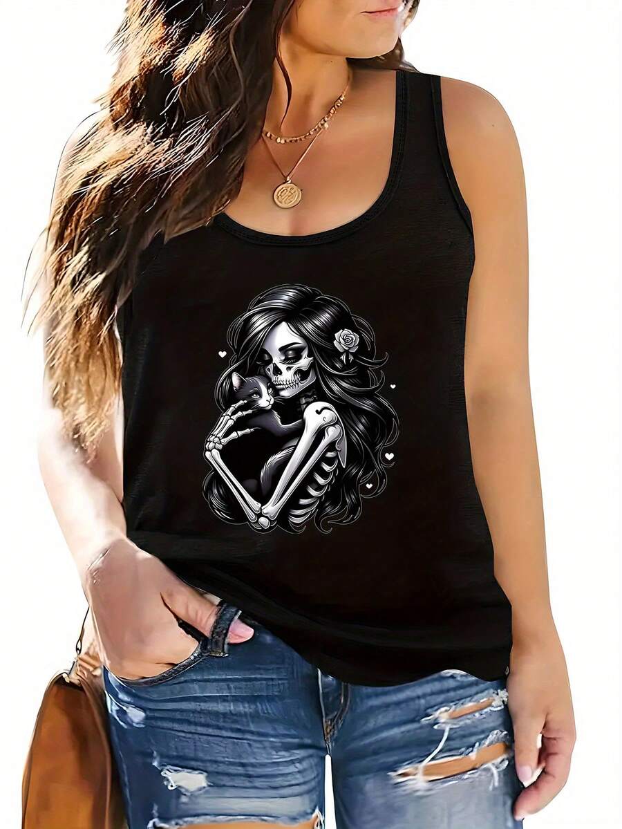Women's Gothic Sleeveless Round Neck Top With Long Hair Skull & Bat Wing Print - Soft Breathable All-Season Casual Shirt, Machine Washable Black Gothic Tunic For Casual Attire, Themed Events & Layering Outfits - Boho-Chic Style With Geometric Pattern & Round Neckline, Relaxed Fit For Home And Outings, Featuring Intricate Gothic Print With Skull, Bat, And Cat Motif, Ideal For Layering Standalone Wear - 黑色 - 查看 1